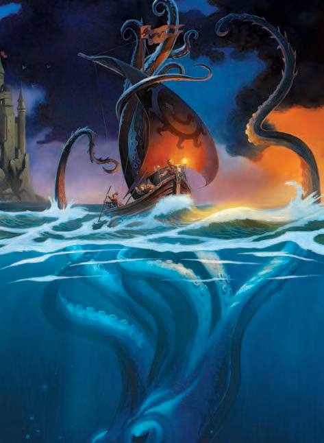 kraken rising from the ocean depths to attack a sailing ship